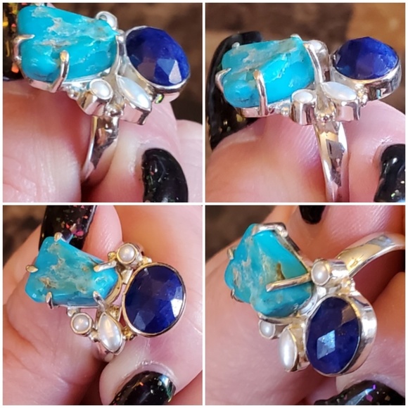 Genuine Blue Mojave Turquoise & Lapis Ring Sz 7.5 - Picture 4 of 7